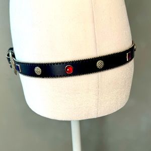 Women’s navy leather belt with silver buckle and rhinestones